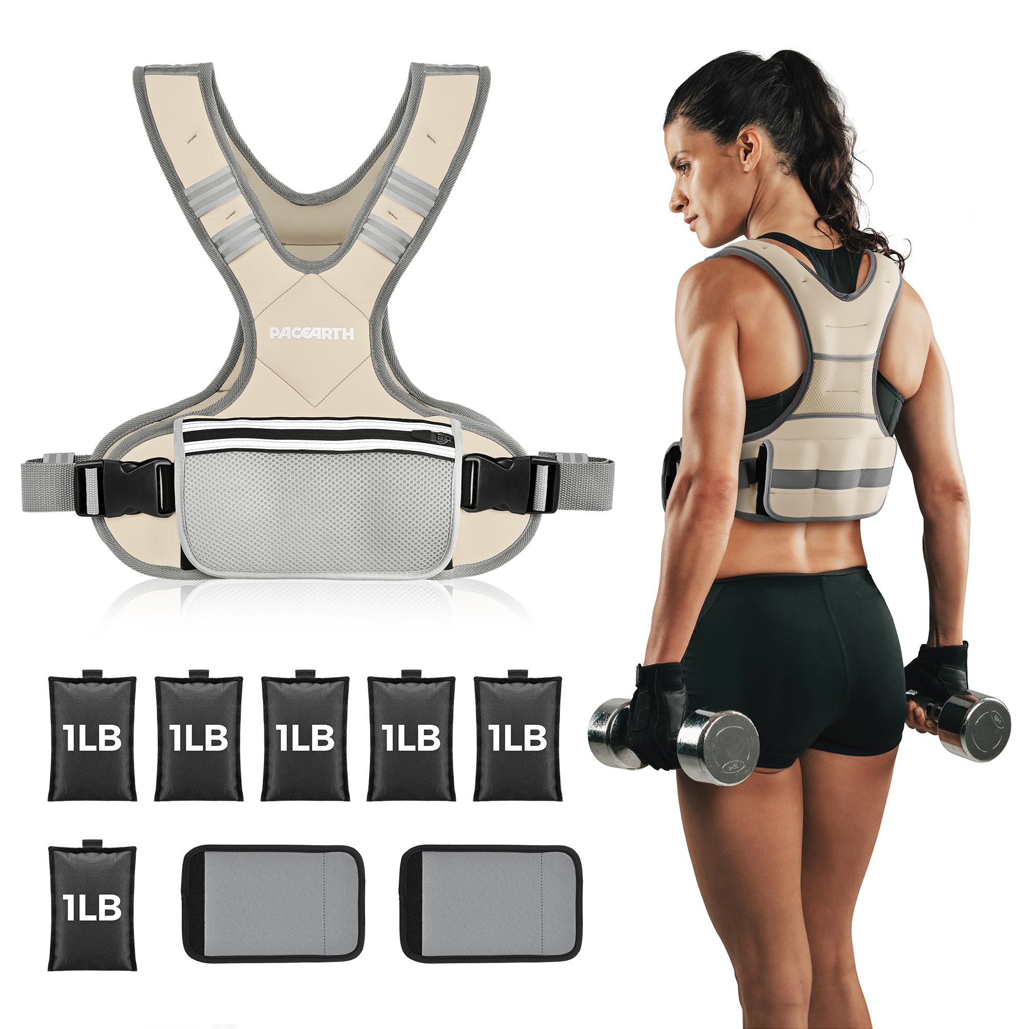 PACEARTH Adjustable Weight Vest 4-10lbs / 11-20lbs Beige